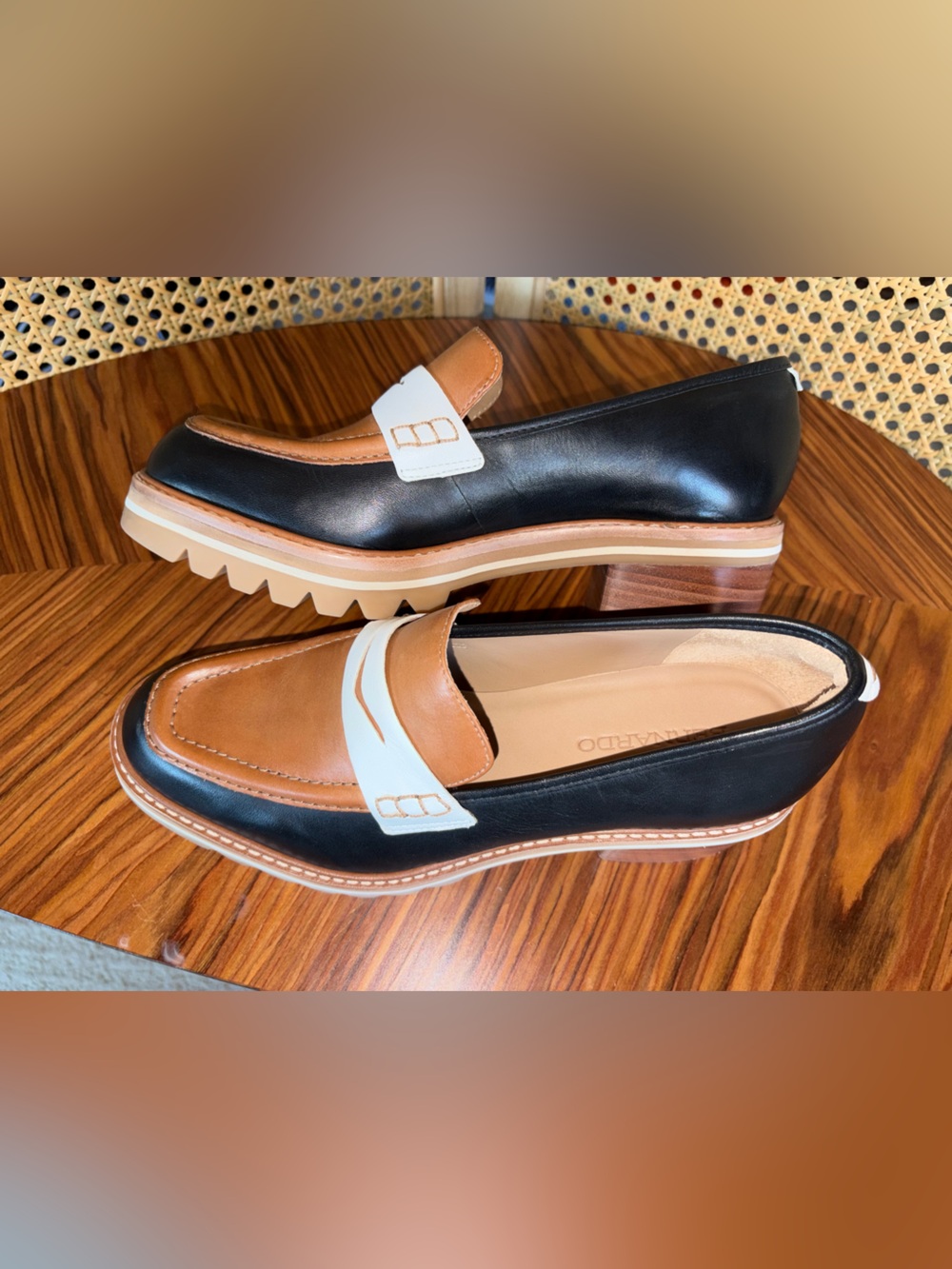 Bernardo Black, Brown & White Leather Lug Heel Loafer - Picture 3 of 5
